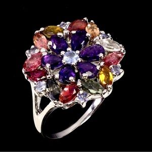 Amethyst, Tourmaline and Tanzanite sterling silver flower Ring. Size 9